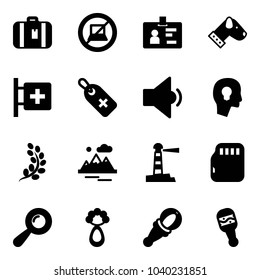 Solid vector icon set - suitcase vector, no computer sign, identity, dog, first aid room, medical label, low volume, head bulb, golden branch, mountains, lighthouse, micro flash card, beanbag