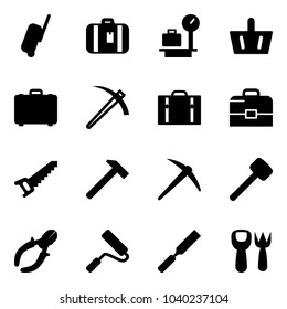 Solid vector icon set - suitcase vector, baggage scales, basket, case, job, saw, hammer, axe, rubber, side cutters, paint roller, rasp, shovel fork toy