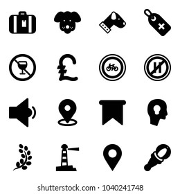 Solid vector icon set - suitcase vector, dog, medical label, no alcohol sign, pound, bike road, parking even, low volume, map pin, flag, head bulb, golden branch, lighthouse, navigation, beanbag