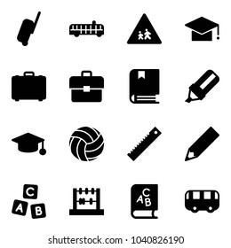Solid vector icon set - suitcase vector, airport bus, children road sign, graduate hat, case, portfolio, book, highlight marker, volleyball, ruler, pencil, abc cube, abacus, toy