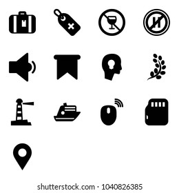 Solid vector icon set - suitcase vector, medical label, no alcohol sign, parking even road, low volume, flag, head bulb, golden branch, lighthouse, cruiser, mouse wireless, micro flash card