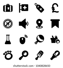 Solid vector icon set - suitcase vector, first aid room, medical label, pound, no parking even road sign, low volume, map pin, flag, flask, mouse wireless, beanbag, shovel bucket