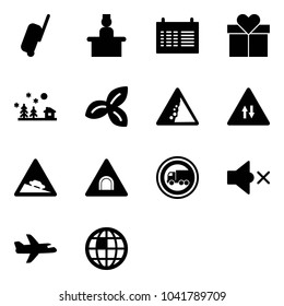 Solid vector icon set - suitcase vector, recieptionist, schedule, gift, christmas landscape, three leafs, landslide road sign, oncoming traffic, steep descent, tunnel, no truck, volume off, plane