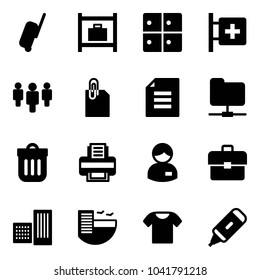 Solid vector icon set - suitcase vector, baggage room, first aid, group, attachment, document, network folder, trash bin, printer, manager, portfolio, building, hotel, t shirt, marker