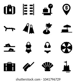 Solid vector icon set - suitcase vector, plane seats, baggage scales, dollar pin, lounger, flippers, palm, inflatable pool, flip flops, swimsuit, parasol, shell, sand castle