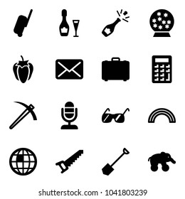 Solid vector icon set - suitcase vector, wine, champagne, snowball, sweet pepper, mail, case, calculator, job, microphone, sunglasses, rainbow, globe, saw, shovel, elephant wheel