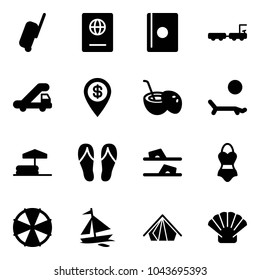 Solid vector icon set - suitcase vector, passport, baggage truck, trap, dollar pin, coconut cocktail, lounger, inflatable pool, flip flops, swimsuit, parasol, sail boat, tent, shell