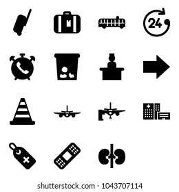 Solid vector icon set - suitcase vector, airport bus, 24 hours, phone alarm, trash, recieptionist, right arrow, road cone, plane, boarding passengers, hospital building, medical label, patch