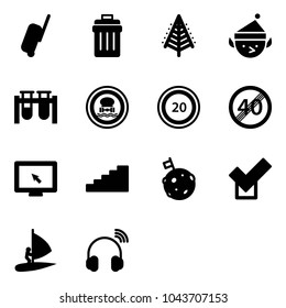Solid vector icon set - suitcase vector, trash bin, christmas tree, elf, vial, no dangerous cargo road sign, speed limit 20, end, monitor cursor, stairs, moon flag, check, windsurfing