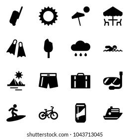 Solid vector icon set - suitcase vector, sun, beach, outdoor cafe, flippers, ice cream, rain cloud, swimming, pyramid, swimsuit, diving, surfing, bike, drink, cruiser