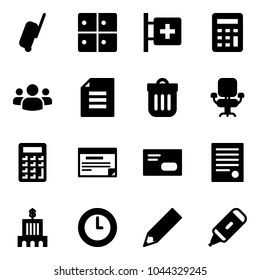 Solid vector icon set - suitcase vector, baggage room, first aid, calculator, group, document, trash bin, office chair, schedule, envelope, agreement, bank building, clock, pencil, marker