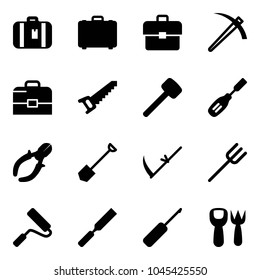 Solid vector icon set - suitcase vector, case, portfolio, job, saw, rubber hammer, chisel, side cutters, shovel, scythe, farm fork, paint roller, rasp, awl, toy