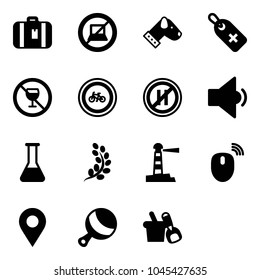 Solid vector icon set - suitcase vector, no computer sign, dog, medical label, alcohol, bike road, parking even, low volume, flask, golden branch, lighthouse, mouse wireless, navigation pin, beanbag