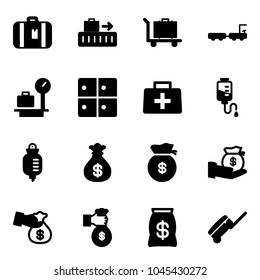 Solid vector icon set - suitcase vector, baggage, truck, scales, room, doctor bag, drop counter, money, investment, encashment, rich
