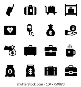 Solid vector icon set - suitcase vector, baggage, room, first aid kit, drop counter, money bag, investment, encashment, case, portfolio, green tea