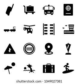 Solid vector icon set - suitcase vector, baggage, airport bus, passport, truck, helicopter, plane seats, building, intersection road sign, customs, map pin, pennant, beach, palm, surfing