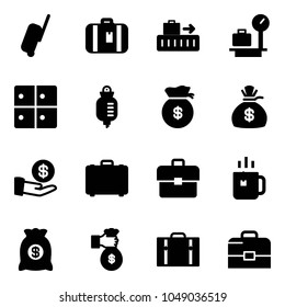 Solid vector icon set - suitcase vector, baggage, scales, room, drop counter, money bag, investment, case, portfolio, green tea, rich