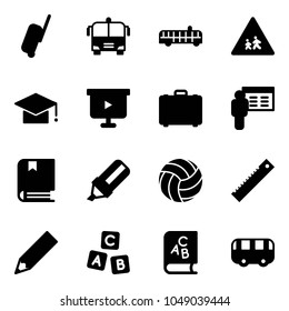 Solid vector icon set - suitcase vector, airport bus, children road sign, graduate hat, presentation board, case, book, highlight marker, volleyball, ruler, pencil, abc cube, toy