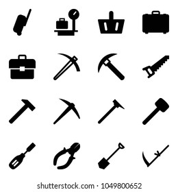 Solid vector icon set - suitcase vector, baggage scales, basket, case, portfolio, job, rock axe, saw, hammer, mason, rubber, chisel, side cutters, shovel, scythe