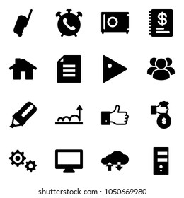 Solid vector icon set - suitcase vector, phone alarm, safe, annual report, home, document, play, group, highlight marker, growth, finger up, rich, gear, monitor, cloud exchange data, server