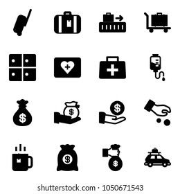 Solid vector icon set - suitcase vector, baggage, room, first aid kit, doctor bag, drop counter, money, investment, green tea, rich, car