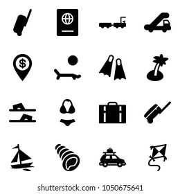 Solid vector icon set - suitcase vector, passport, baggage truck, trap, dollar pin, lounger, flippers, palm, flip flops, swimsuit, sail boat, shell, car, kite