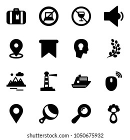 Solid vector icon set - suitcase vector, no computer sign, alcohol, low volume, map pin, flag, head bulb, golden branch, mountains, lighthouse, cruiser, mouse wireless, navigation, beanbag