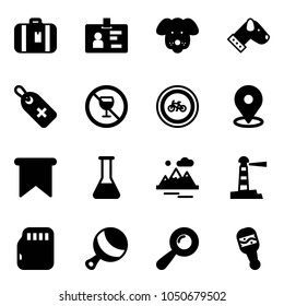 Solid vector icon set - suitcase vector, identity, dog, medical label, no alcohol sign, bike road, map pin, flag, flask, mountains, lighthouse, micro flash card, beanbag