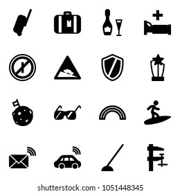 Solid vector icon set - suitcase vector, wine, hospital bed, no parkin odd, steep descent road sign, shield, award, moon flag, sunglasses, rainbow, surfing, wireless mail, car, hoe, clamp