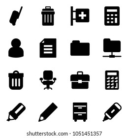 Solid Vector Icon Set - Suitcase Vector, Trash Bin, First Aid Room, Calculator, User, Document, Folder, Network, Office Chair, Portfolio, Highlight Marker, Pencil, Tool Cabinet