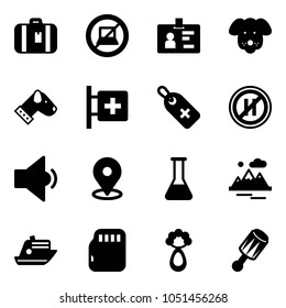 Solid vector icon set - suitcase vector, no computer sign, identity, dog, first aid room, medical label, parking even road, low volume, map pin, flask, mountains, cruiser, micro flash card, beanbag
