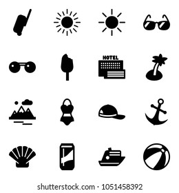 Solid vector icon set - suitcase vector, sun, sunglasses, ice cream, sea hotel, palm, mountains, swimsuit, cap, anchor, shell, drink, cruiser, beach ball