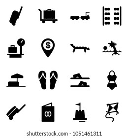 Solid vector icon set - suitcase vector, baggage, truck, plane seats, scales, dollar pin, lounger, palm, inflatable pool, flip flops, swimsuit, passport, sand castle, kite