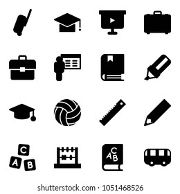 Solid vector icon set - suitcase vector, graduate hat, presentation board, case, portfolio, book, highlight marker, volleyball, ruler, pencil, abc cube, abacus, toy bus