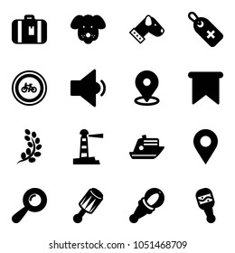 Solid vector icon set - suitcase vector, dog, medical label, no bike road sign, low volume, map pin, flag, golden branch, lighthouse, cruiser, navigation, beanbag