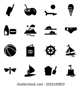 Solid vector icon set - suitcase vector, coconut cocktail, lounger, ice cream, uv, mountains, flip flops, swimsuit, ball, passport, hand wheel, sail boat, dragonfly, windsurfing, bucket scoop