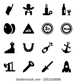 Solid vector icon set - suitcase vector, baby, candle, wine, eggs, car crash road sign, limited height, no cart horse, success, luck, fizz opening, anchor, oil derrick, screw, clinch, rocket