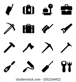 Solid vector icon set - suitcase vector, baggage scales, portfolio, job, saw, hammer, axe, mason, chisel, paint roller, awl, shovel fork toy