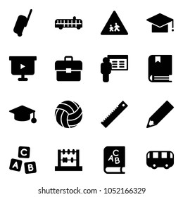 Solid vector icon set - suitcase vector, airport bus, children road sign, graduate hat, presentation board, portfolio, book, volleyball, ruler, pencil, abc cube, abacus, toy