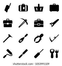 Solid vector icon set - suitcase vector, basket, case, portfolio, job, saw, mason hammer, chisel, side cutters, scythe, paint roller, rasp, awl, shovel fork toy