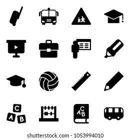Solid vector icon set - suitcase vector, airport bus, children road sign, graduate hat, presentation board, portfolio, highlight marker, volleyball, ruler, pencil, abc cube, abacus, book, toy