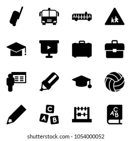 Solid vector icon set - suitcase vector, airport bus, children road sign, graduate hat, presentation board, case, portfolio, highlight marker, volleyball, pencil, abc cube, abacus, book