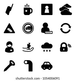 Solid vector icon set - suitcase vector, tea, female wc, clouds, multi lane traffic road sign, no truck, user password, refresh, manager, hand sproute, rain cloud, wireless lock, screw, allen key