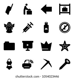 Solid vector icon set - suitcase vector, baby room, left arrow, baggage, angel, syringe, milk, no parking odd, folder, presentation board, crown, starfish, swimsuit, printer wireless, axe, screw