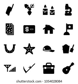 Solid vector icon set - suitcase vector, holly, candle, lab, breads, credit card, home, flag, luck, starfish, cap, bucket scoop, fine signal, scythe, tool box, guitar