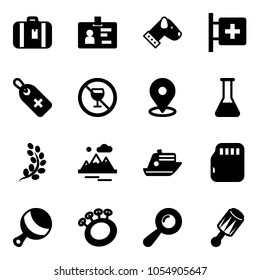 Solid vector icon set - suitcase vector, identity, dog, first aid room, medical label, no alcohol sign, map pin, flask, golden branch, mountains, cruiser, micro flash card, beanbag
