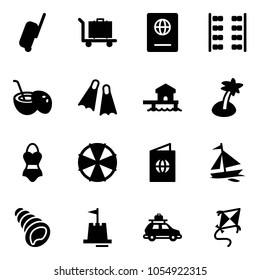 Solid vector icon set - suitcase vector, baggage, passport, plane seats, coconut cocktail, flippers, bungalow, palm, swimsuit, parasol, sail boat, shell, sand castle, car, kite