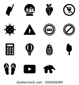 Solid vector icon set - suitcase vector, snowball house, heart, no alcohol sign, virus, intersection road, bus, parking, calculator, air balloon, pineapple, ice cream, flip flops, playback