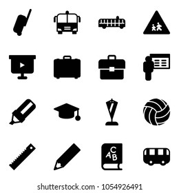 Solid vector icon set - suitcase vector, airport bus, children road sign, presentation board, case, portfolio, highlight marker, graduate hat, pennant, volleyball, ruler, pencil, abc book, toy