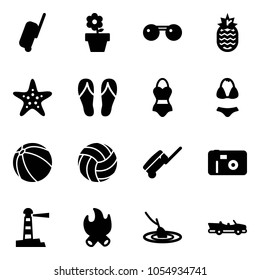 Solid vector icon set - suitcase vector, flower pot, sunglasses, pineapple, starfish, flip flops, swimsuit, ball, volleyball, photo, lighthouse, fire, fishing, cabrio